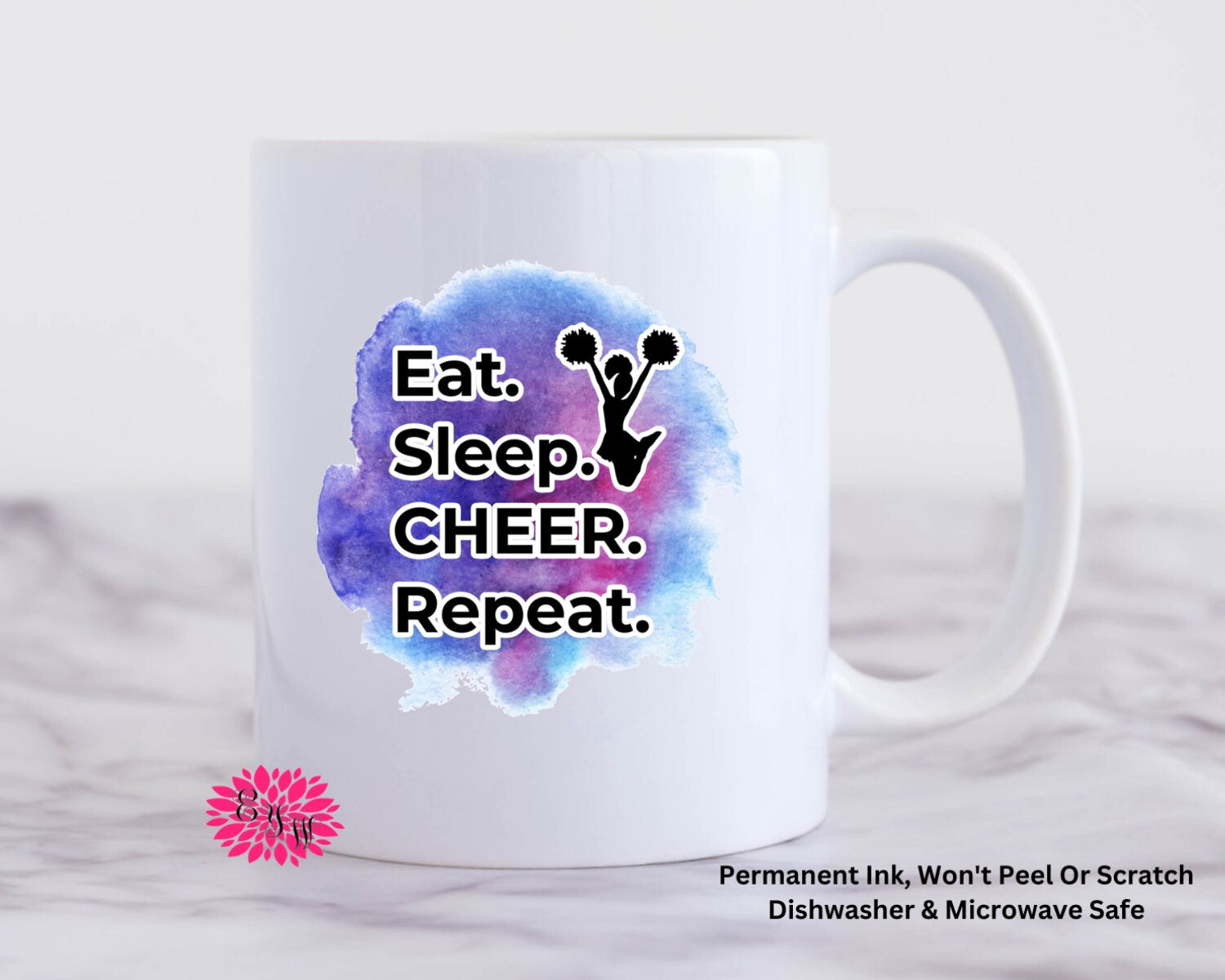 Coffee Mug, Eat, Sleep Cheer, Repeat Cheerleading Mug, 11oz Ceramic Coffee Mug With Handle, Permanent Ink, Dishwasher Safe, Microwave Safe