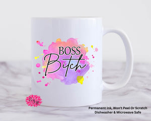 Coffee Mug, Boss Bitch Mug, Watercolor Floral Mug, 11oz Ceramic Coffee Mug With Handle, Permanent Ink, Dishwasher Safe, Microwave Safe