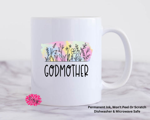 Coffee Mug, Godmother Mug Mother's Day Watercolor Mug, 11oz Ceramic Coffee Mug With Handle, Permanent Ink, Dishwasher Safe, Microwave Safe