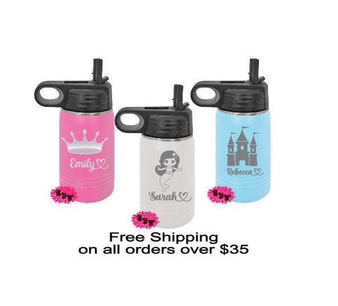 Engraved Stainless Steel Kids Bottle, Personalized Childrens Water Bottle, Etched Kids Tumbler, Etched Princess Water Bottle, Lots Of Colors