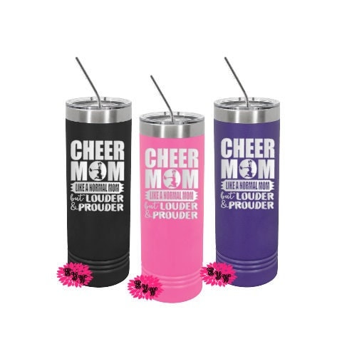 Engraved Stainless Tumbler, Cheer Mom Tumbler, Cheerleader Mom Etched Skinny Tumbler, Lots of Colors, Slider Lid