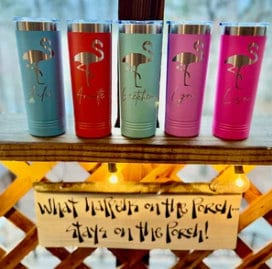 Engraved Skinny Tumbler, Personalized Flamingo Cup, Etched Tumbler, Etched Skinny Tumbler With Sliding Lid, Lots Of Colors