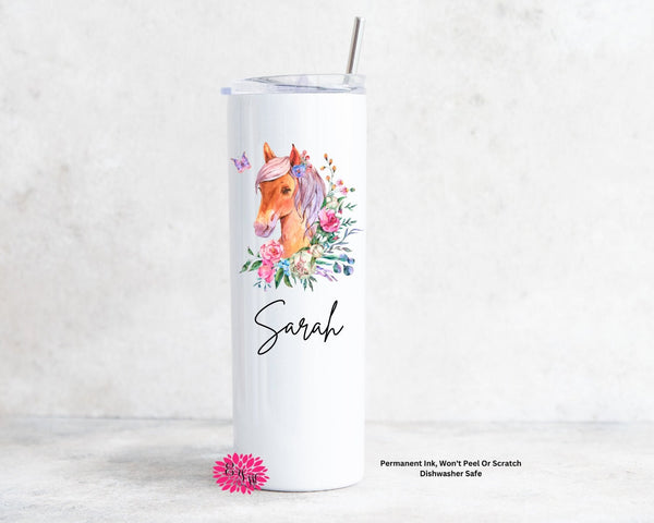 Horse Tumbler, 20oz Stainless Steel Tumbler With Straw, Permanent Sublimation Ink, Floral Horse Tumbler Dishwasher Safe