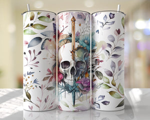 Floral Skull Stainless Tumbler, Floral Wrap Skinny Steel Tumbler, Skull With Roses Cup, Permanent Color Cups, Dishwasher Safe