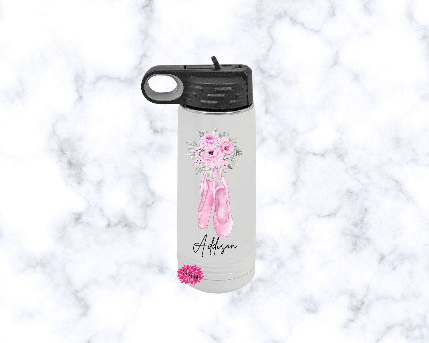 Ballet Water Bottle, 20oz Water Bottle With Straw, Personalized Ballerina Stainless Steel Water Bottle, Permanent Ink, Ballet Slipper Bottle