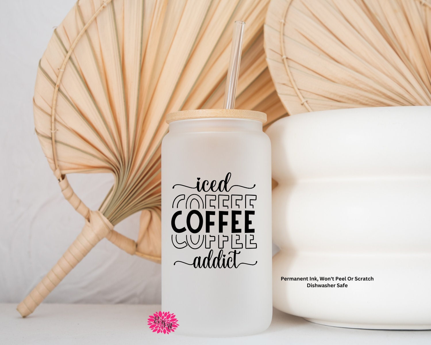 Frosted Iced Coffee Glass, Iced Coffee Addict Frosted Glass Can, Frosted Iced Coffee Glass, Coffee Glass Can