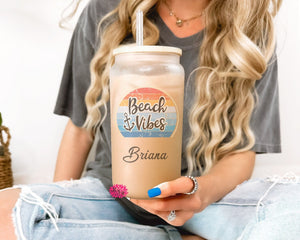 Frosted Iced Coffee Glass, Personalized Beach Vibes Iced Coffee Glass, Iced Coffee Frosted Glass Can, Frosted Iced Coffee Glass, Not A Decal