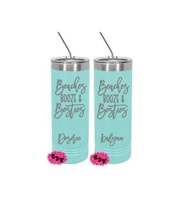 Engraved Stainless Tumbler, Beach Tumbler, Beaches Booze & Besties, Beach Etched Skinny Tumbler, Lots of Colors, Slider Lid