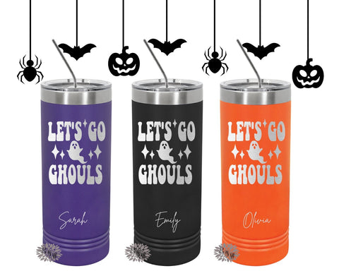 Engraved Stainless Tumbler, Personalized Halloween Tumbler, Halloween Etched Skinny Tumbler, Let's Go Ghouls, Skinny Tumbler With Slider Lid