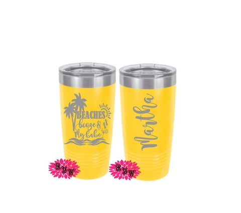 Engraved 20oz 2-Sided Tumbler, Beaches, Booze, & My Babe Etched Tumbler, Vacation Tumbler, Slider Lid, Stainless Steel Coffee Tumbler