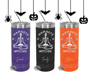 Engraved Stainless Tumbler, Personalized Halloween Tumbler, Halloween Etched Skinny Tumbler, Namaste Witches, Skinny Tumbler With Slider Lid