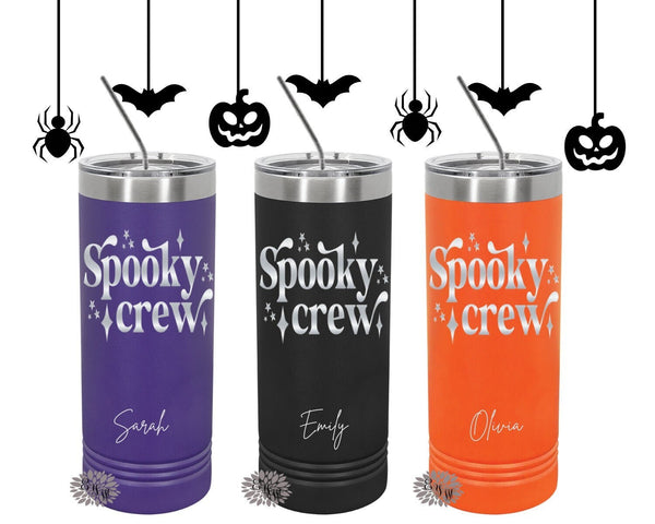 Engraved Stainless Tumbler, Personalized Halloween Tumbler, Halloween Etched Skinny Tumbler, Spooky Crew, Skinny Tumbler With Slider Lid