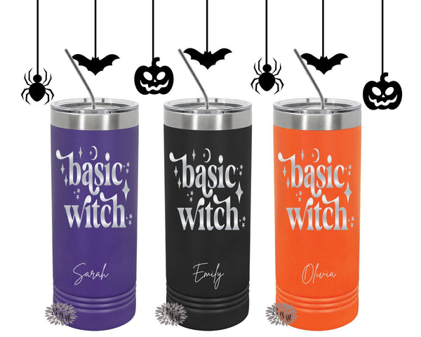 Engraved Stainless Tumbler, Personalized Halloween Tumbler, Halloween Etched Skinny Tumbler, Basic Witch, Skinny Tumbler With Slider Lid