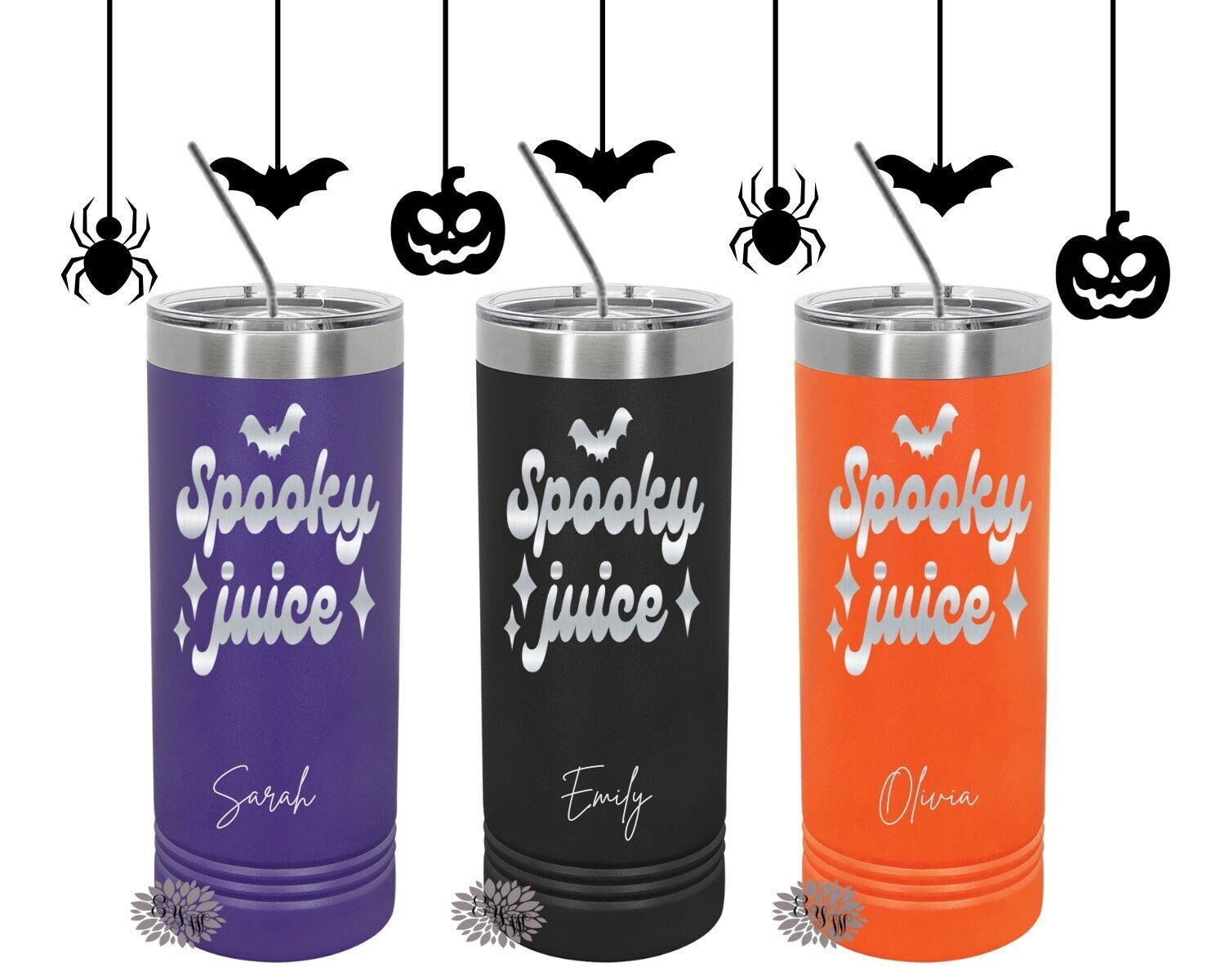 Engraved Stainless Tumbler, Personalized Halloween Tumbler, Halloween Etched Skinny Tumbler, Spooky Juice, Skinny Tumbler With Slider Lid