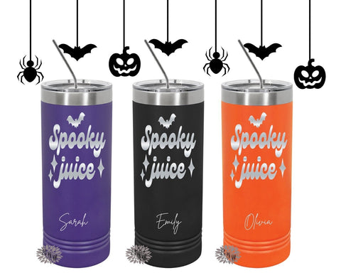 Engraved Stainless Tumbler, Personalized Halloween Tumbler, Halloween Etched Skinny Tumbler, Spooky Juice, Skinny Tumbler With Slider Lid