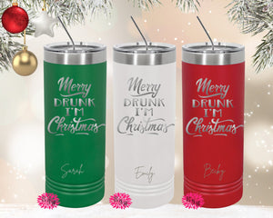 Engraved Stainless Tumbler, Personalized Christmas Tumbler, Merry Drunk I'm Christmas Etched Skinny Tumbler, Skinny Tumbler With Slider Lid