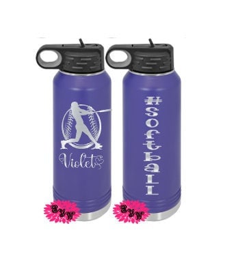 Engraved 2-Sided Water Bottle, Etched Water Bottle With Straw, 4 SIzes, Softball Bottle, Stainless Steel Water Bottle, Custom Sports Bottle