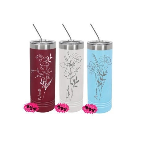 Engraved Skinny Tumbler, Personalized Birth Month Flower Cup, Etched Tumbler, Etched Skinny Tumbler With Sliding Lid, Lots Of Colors