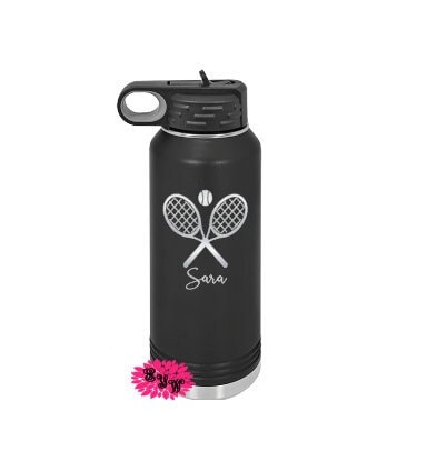 Engraved Tennis Bottle, Personalized Etched Water Bottle With Straw, 4 SIZES Stainless Steel Water Bottle, Custom Stainless Sports Bottle