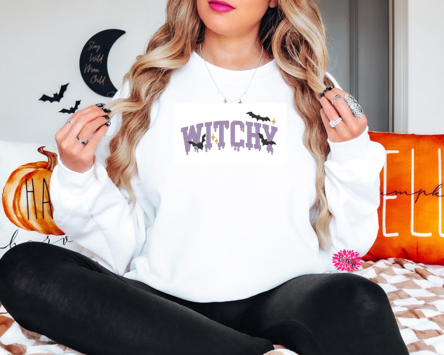 Witchy Embroidered Sweatshirt, Halloween Embroidered Crewneck Sweatshirt, Embroidered Adult Sweatshirt, Many Colors