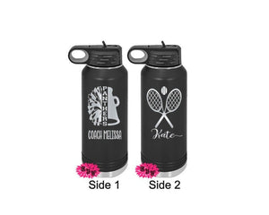 Engraved Water Bottle, Personalized Etched Cheer & Tennis Water 2 SIDED Bottle With Straw, 4 Sizes Stainless Steel Bottle, Stainless Bottle