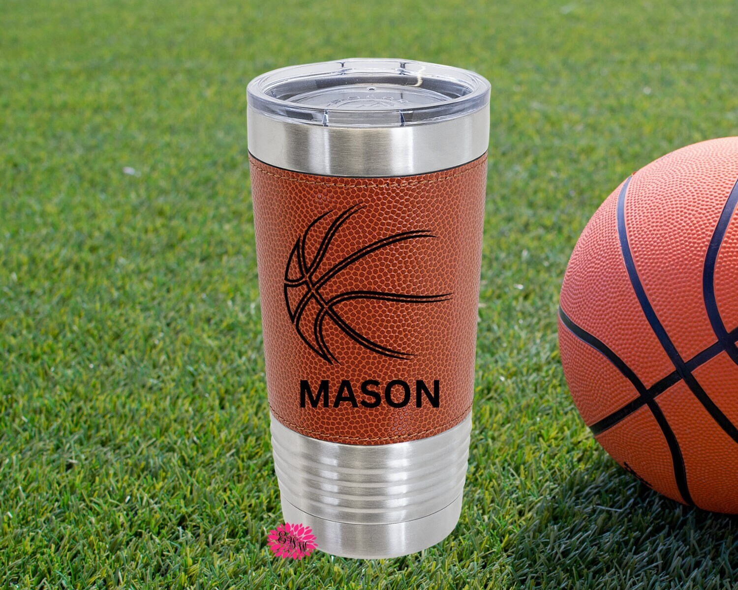 Engraved Tumbler, Personalized Basketball Cup, Etched Basketball Cup, Basketball Stainless Steel Tumbler, Leather Tumbler w/Slider Lid