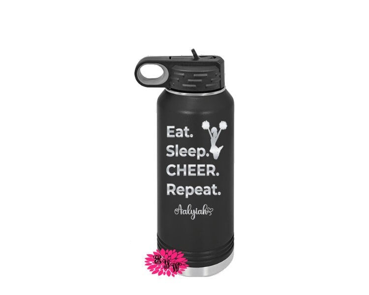 Engraved Water Bottle, Personalized Cheerleader Etched Water Bottle With Straw, 4 SIZES Stainless Steel Water Bottle, Eat Sleep Cheer Repeat