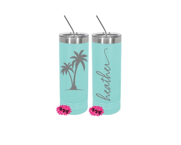 Palm Tree Vacation Engraved Tumbler, 2 Sided Etched Tumbler, Personalized Vacation Tumbler, Girls Getaway Cup Skinny Steel