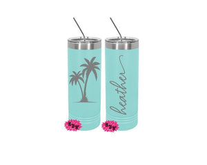 Palm Tree Vacation Engraved Tumbler, 2 Sided Etched Tumbler, Personalized Vacation Tumbler, Girls Getaway Cup Skinny Steel