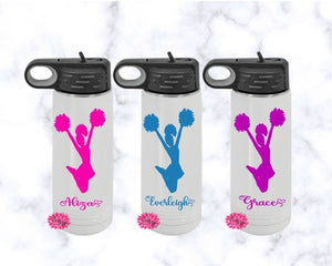 Cheerleader Water Bottle, 20oz Water Bottle With Straw, Personalized Cheer Stainless Steel Water Bottle, Permanent Ink, Cheerleading Bottle