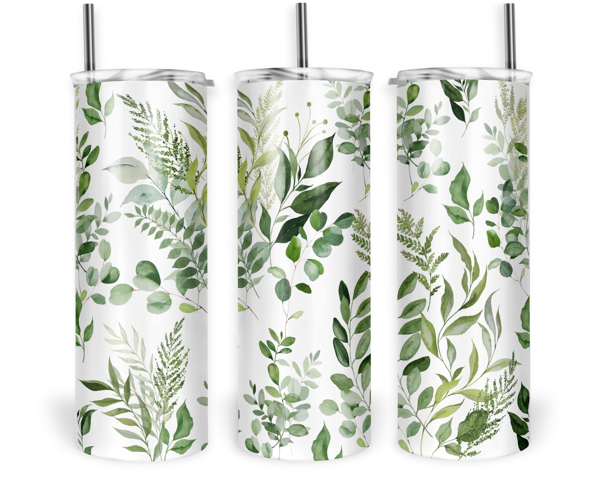 Green Floral Stainless Tumbler, Floral Wrap Skinny Steel Tumbler, Green Foliage Cup, Permanent Color Cups, Dishwasher Safe